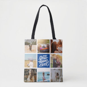 Best Mom Ever Personalized Photo Collage Navy Blue Tote Bag