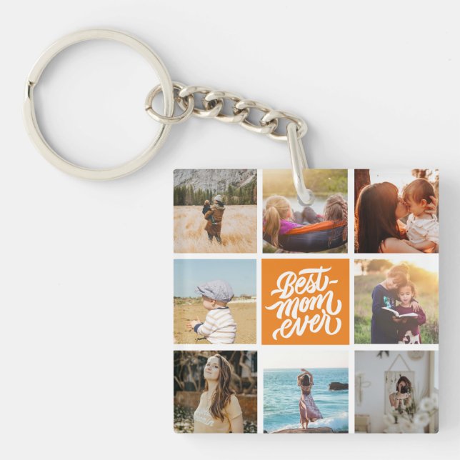 Best Mom Ever Personalized Photo Collage Orange Keychain (Front)