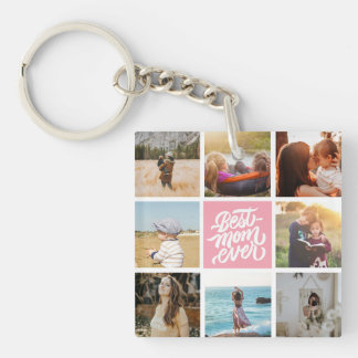Best Mom Ever Personalized Photo Collage Pink Keychain