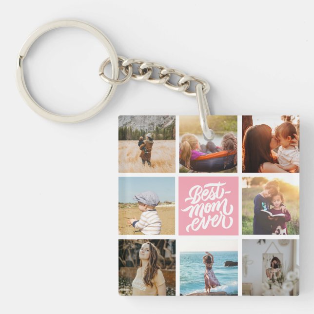 Best Mom Ever Personalized Photo Collage Pink Keychain (Front)