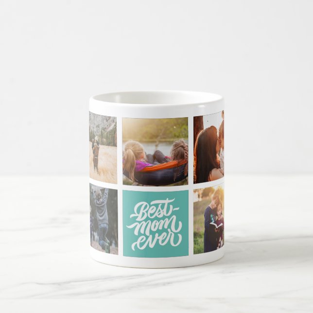 Best Mom Ever Personalized Photo Collage Teal Coffee Mug (Center)