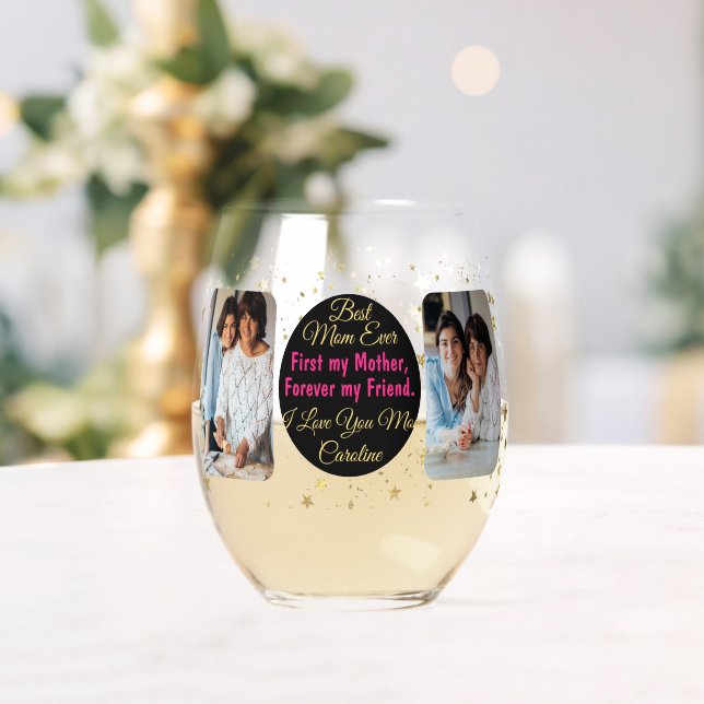 Best Mom Ever Photo Collage Modern Mothers Day Stemless Wine Glass (Insitu (Wedding))