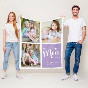 Best Mom Ever Photo Collage Purple Fleece Blanket