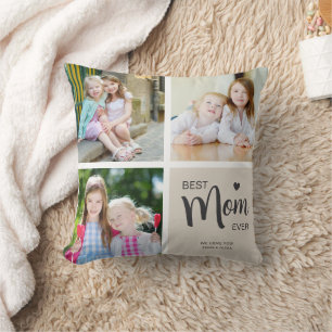 Best Mom Ever Photo Collage Tan Throw Pillow