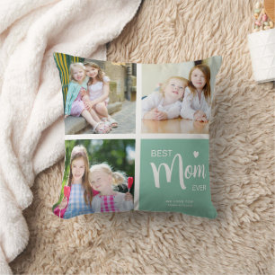 Best Mom Ever Photo Collage Teal Throw Pillow