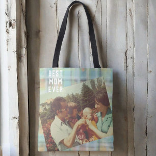 Best Mom Ever photo custom plaid pastel teal green Tote Bag