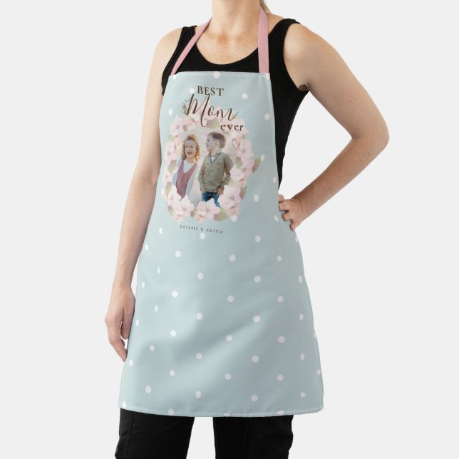 Best Mom Ever Photo Pink Floral Wreath Blue Apron (Insitu)
