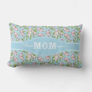Best Mom Ever Pink Apple Blossom on Blue Pattern Lumbar Pillow