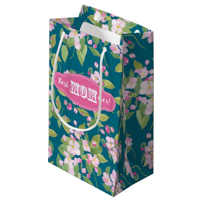 Best Mom Ever Pink Apple Blossom on Navy Small Gift Bag (Front Angled)