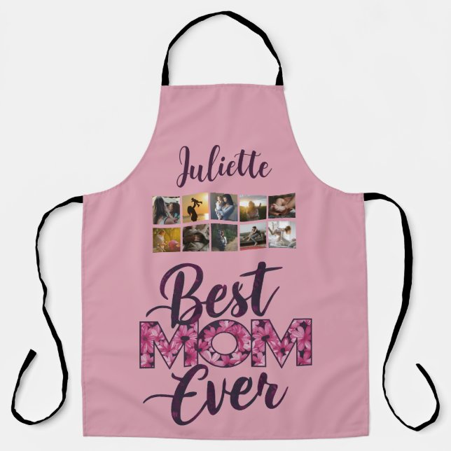 Best Mom Ever Pink Floral Typography Apron (Front)