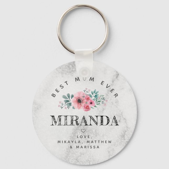 Best Mom Ever pink flowers marble background Keychain (Front)