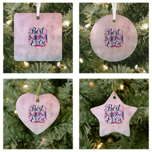 Best Mom Ever Pink Hearts Butterflies and Floral Ceramic Ornament