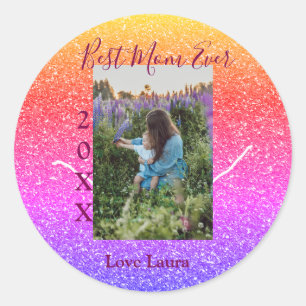 Best mom ever pink photo mother's day year yellow  classic round sticker