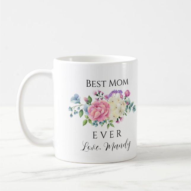 Best Mom Ever Pink & White Floral  Coffee Mug (Left)
