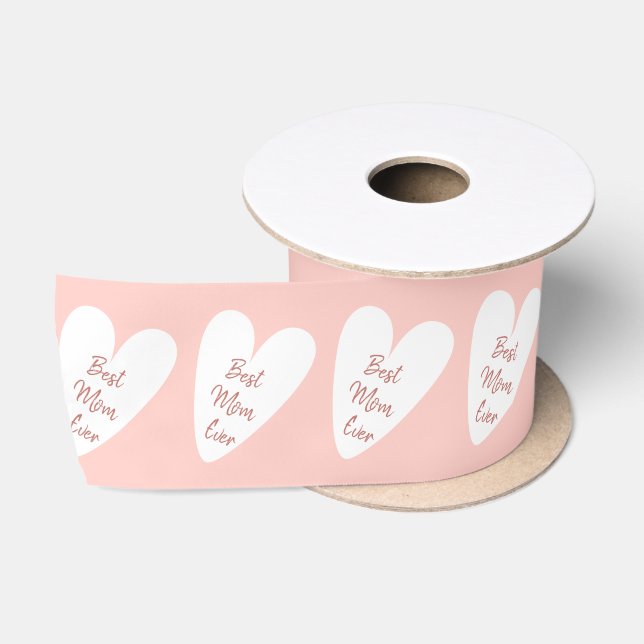 Best Mom Ever Pink White Heart Pattern Satin Ribbon (Spool)