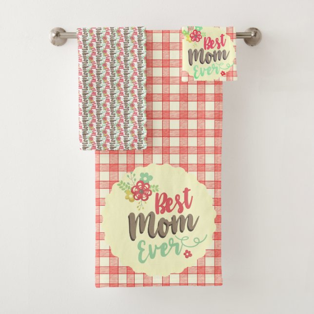 "Best Mom Ever" Red Gingham Towel Set options (Insitu)