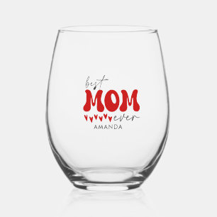 Best Mom Ever, Red Gray Typography Custom Nmae Stemless Wine Glass