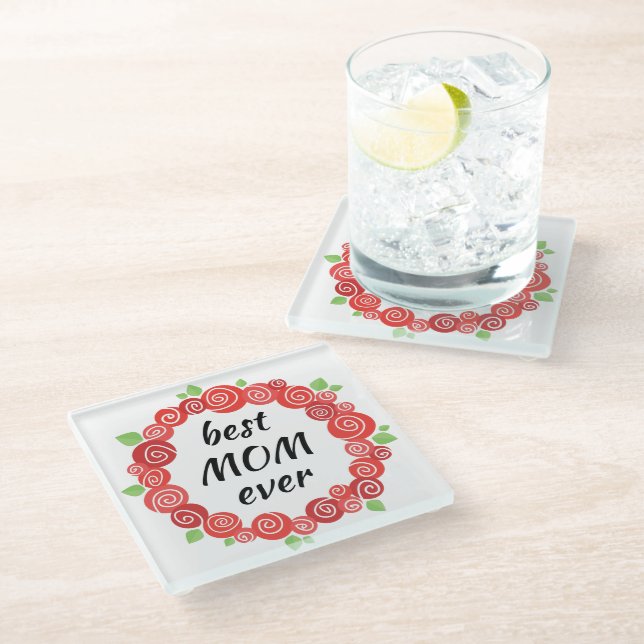 Best mom ever red roses wreath spring cute glass coaster (Angled)