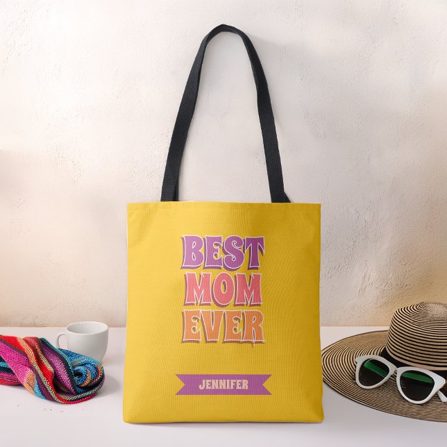 Best Mom Ever Retro  Colourful Funky Custom Name Tote Bag (Creator Uploaded)