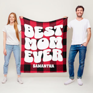 Best Mom Ever Rustic Red Buffalo Plaid Christmas Fleece Blanket