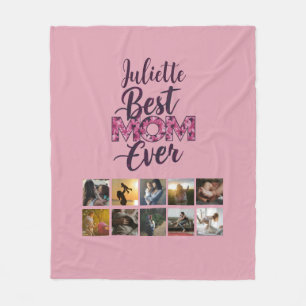 Best Mom Ever Script Pink Floral Photo Collage Fleece Blanket
