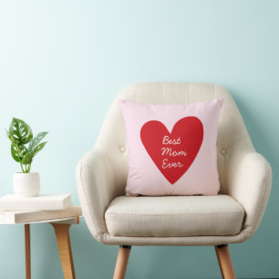 Best Mom Ever Script Pink & Red Heart Mother's Day Throw Pillow