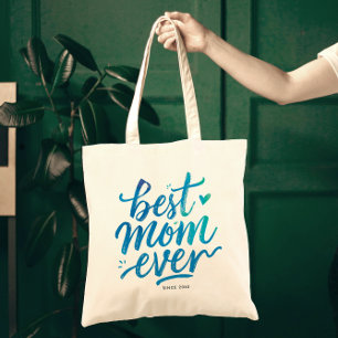 Best Mom Ever Stylish Blue Script Brush Typography Tote Bag