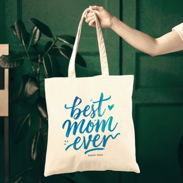 Best Mom Ever Stylish Blue Script Brush Typography Tote Bag (Creator Uploaded)