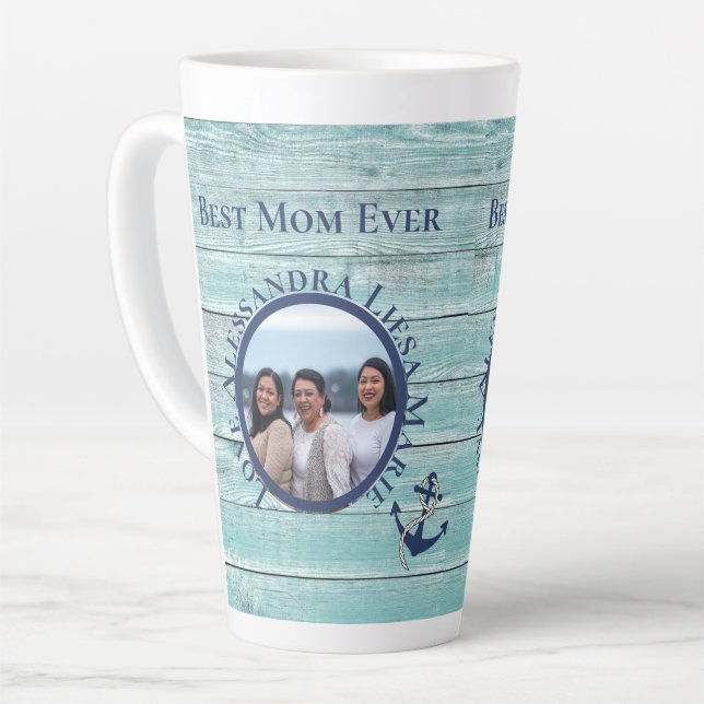 Best Mom Ever Teal Wood Nautical Navy Anchor  Latte Mug (Left Angle)