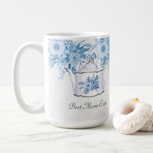 Best Mom Ever Teapot Dusty Blue n White Floral Coffee Mug (With Donut)