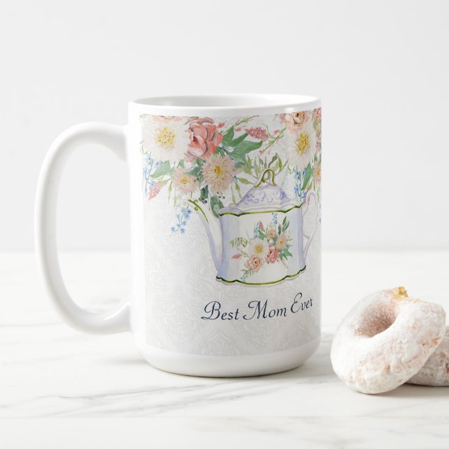Best Mom Ever Teapot Pink Blue n White Flowers Coffee Mug (With Donut)