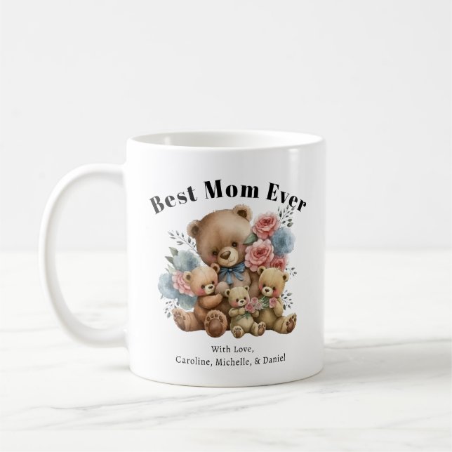 Best Mom Ever Teddy Bear Floral Family Coffee Mug (Left)