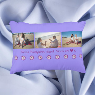 Best Mom Ever, w/ Heart. Name + 3 Photos Collage Accent Pillow