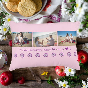 Best Mom Ever, w/ Heart. Name + 3 Photos Collage Accent Pillow