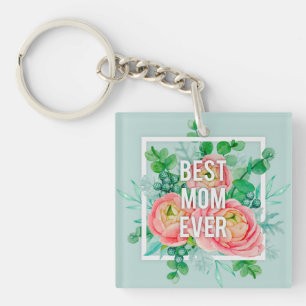 Best Mom Ever Watercolor Peony Floral Green & Pink Keychain