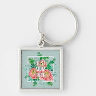 Best Mom Ever Watercolor Peony Floral Green & Pink Keychain