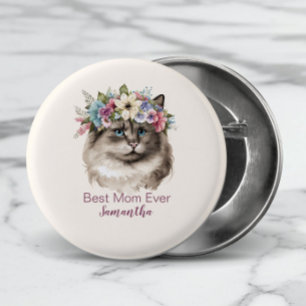 Best Mom Ever Whimsical Watercolor Floral Cat 1 Inch Round Button