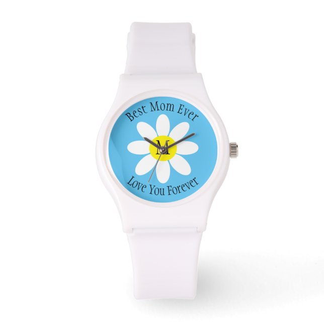 Best Mom Ever White Daisy Sky Blue Single Initial Watch (Front)