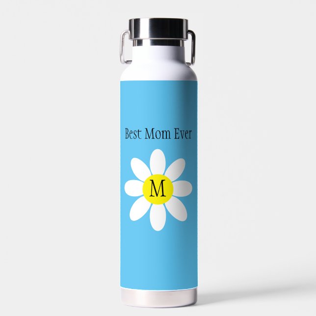 Best Mom Ever White Daisy Sky Blue Single Initial  Water Bottle (Front)