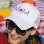 Best Mom Ever With Daisy Image Print (Purple V2) Trucker Hat<br><div class="desc">Best Mom Ever With Daisy Image Print Trucker Hat (purple version 2). The cute design shows "MOM" with a stylized image of a daisy positioned as the "O". Graphic leaves are overlaid on the two "M"s. The "Love Always" copy can be changed to your desired preference. Makes the perfect gift...</div>