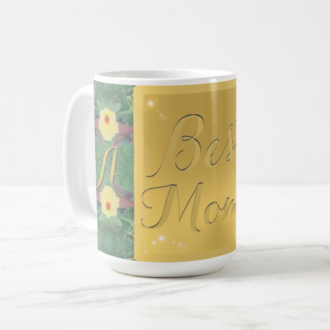 "Best Mom" Floral Brass-like Monogram Mug (Front Left)
