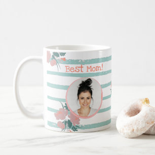 Best Mom Floral Striped Pink Turquoise Photo Coffee Mug