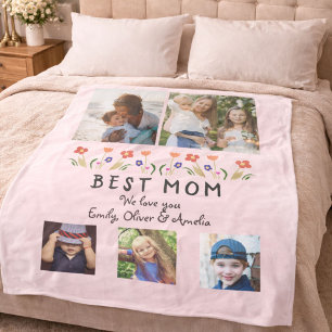Best Mom Flowers 5 Photo Collage Keepsake Fleece Blanket