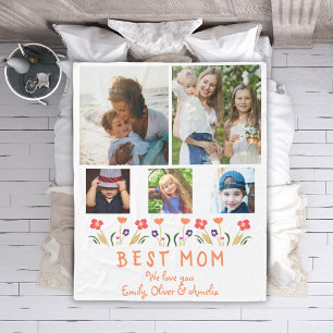Best Mom Flowers 5 Photo Collage Keepsake Fleece Blanket