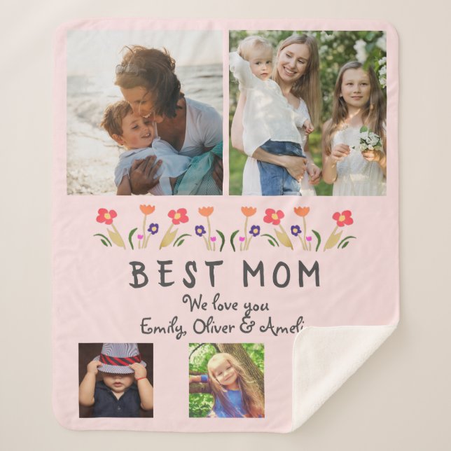 Best Mom Flowers 5 Photo Collage Keepsake Sherpa Blanket (Front)