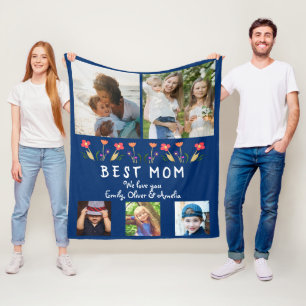 Best Mom Flowers 5 Photo Collage Navy Blue Fleece Blanket