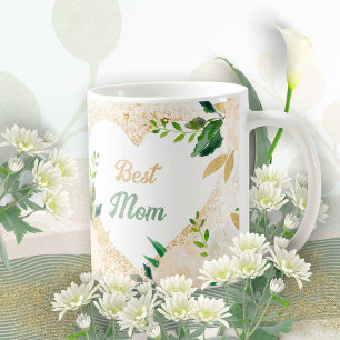 Best Mom Gold Glitter Floral Rose Leaves Romantic Coffee Mug