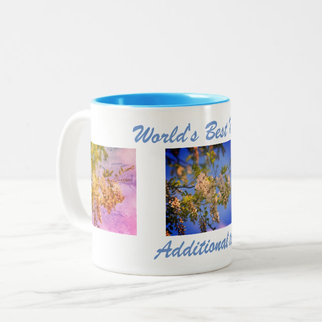 Best Mom Locust Blossoms Personalized Two-Tone Coffee Mug (Front Left)