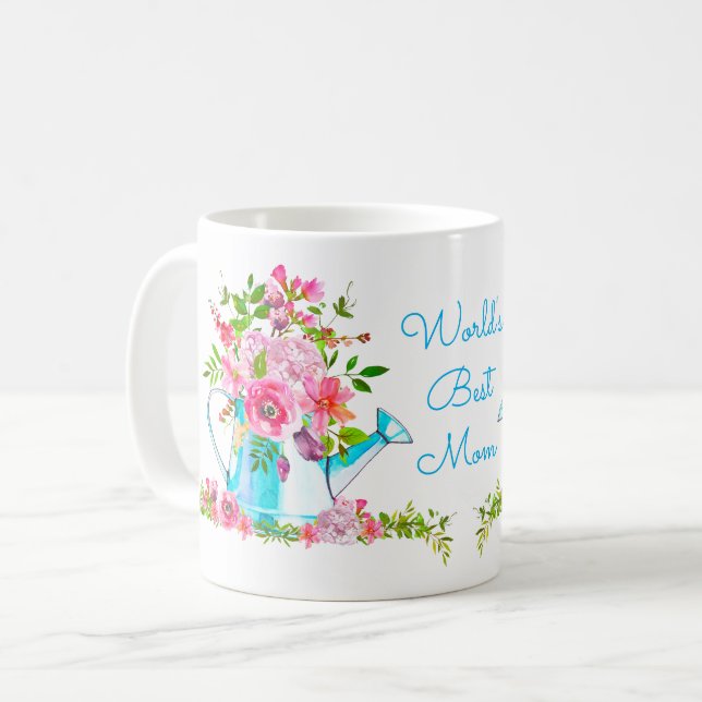 Best Mom Lovely Pink Blue Floral Custom Coffee Mug (Front Left)