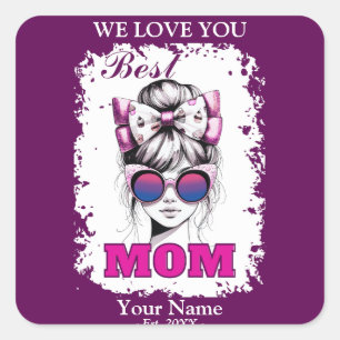 Best Mom Messy Bun Mom Bisexual Flag Colours Square Sticker